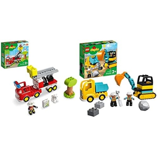 LEGO DUPLO Town Fire Truck 10969 Building Toy Set (21 Pieces) & DUPLO Construction Truck & Tracked Excavator 10931 Building Site Toy; Digger Toy and Tipper Truck Building Set (20 Pieces)