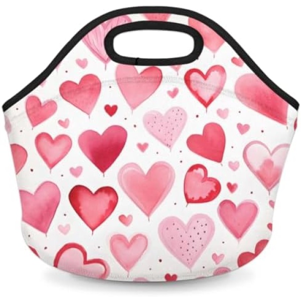 Lakiniss Neoprene Lunch Bag Fantasy Watercolour Valentine's Day Heart Reusable Tote Bags Cooler Thermal Meal Tote Kit Waterproof Food Carrying Lunch Handbag for Women Men Adult Work Gifts Picnic