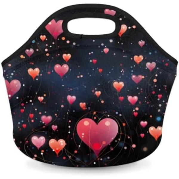 Lakiniss Neoprene Lunch Bag Valentine's Day Abstract Colourful Heart Reusable Tote Bags Cooler Thermal Meal Tote Kit Waterproof Food Carrying Lunch Handbag for Women Men Adult Work Gifts Picnic