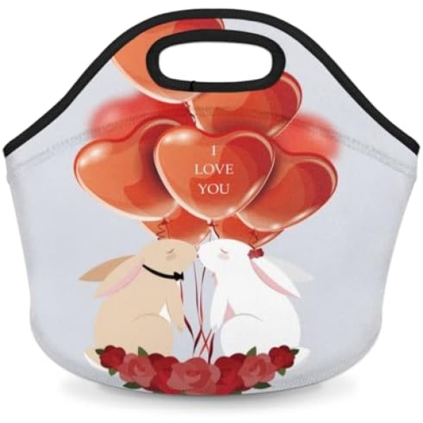 Lakiniss Neoprene Lunch Bag Valentine's Day Bunny Balloon Reusable Tote Bags Cooler Thermal Meal Tote Kit Waterproof Food Carrying Lunch Handbag for Women Men Adult Work Gifts Picnic