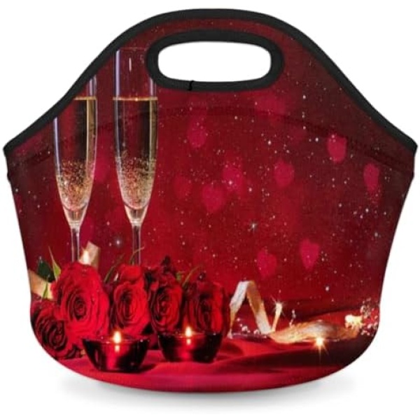 Lakiniss Neoprene Lunch Bag Valentines Day Champagne Glasses Red Roses Reusable Tote Bags Cooler Thermal Meal Tote Kit Waterproof Food Carrying Lunch Handbag for Women Men Adult Work Gifts Picnic