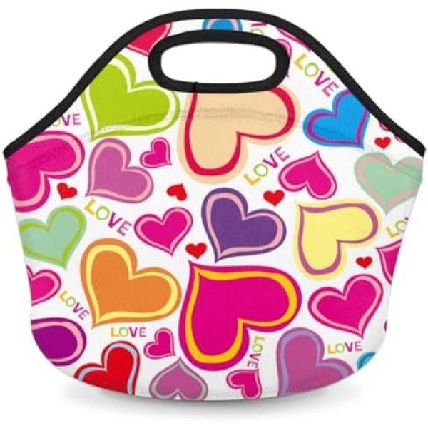 Lakiniss Neoprene Lunch Bag Valentine's Day Colourful Love Heart Reusable Tote Bags Cooler Thermal Meal Tote Kit Waterproof Food Carrying Lunch Handbag for Women Men Adult Work Gifts Picnic