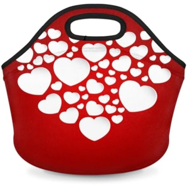 Lakiniss Neoprene Lunch Bag Valentine's Day Dreamy Hearts Make Hearts Reusable Tote Bags Cooler Thermal Meal Tote Kit Waterproof Food Carrying Lunch Handbag for Women Men Adult Work Gifts Picnic