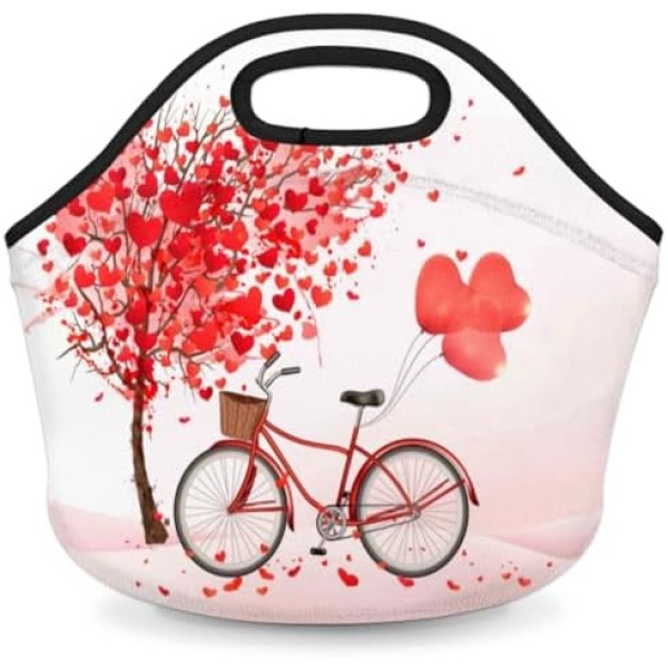 Lakiniss Neoprene Lunch Bag Valentine's Day Heart Tree Bike Heart Balloons Reusable Tote Bags Cooler Thermal Meal Tote Kit Waterproof Food Carrying Lunch Handbag for Women Men Adult Work Gifts Picnic