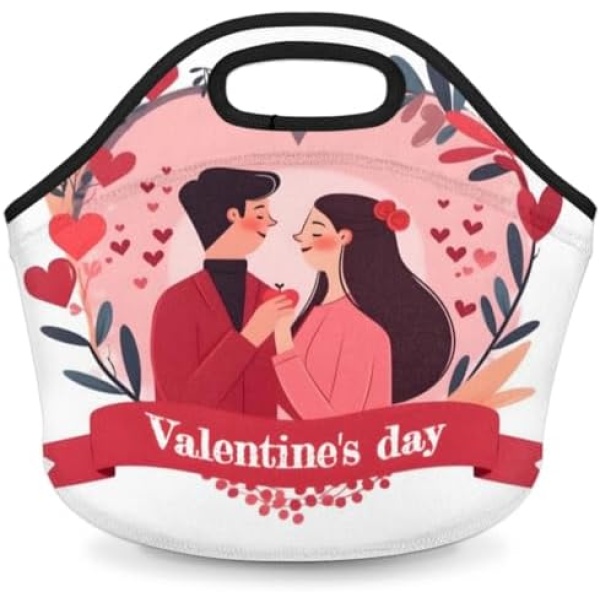 Lakiniss Neoprene Lunch Bag Valentine's Day Wreath Couple Love Reusable Tote Bags Cooler Thermal Meal Tote Kit Waterproof Food Carrying Lunch Handbag for Women Men Adult Work Gifts Picnic