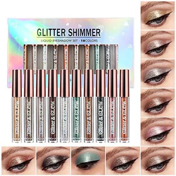 Langmanni 10PCS Liquid Eyeshadow, Shimmer Glitter Liquid Eye Shadow Set Waterproof Long Lasting Metals Sparkling Eyes Makeup Liquid Eyeshadow for Party Wedding Festival or Daily Makeup