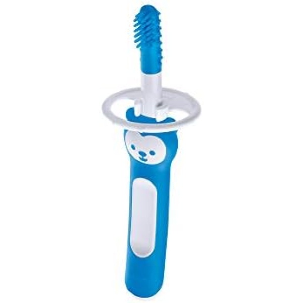 MAM Massaging Toothbrush and Gum Cleaner, Boy, 3+ Months (1-Count), MAM Baby Toothbrush, the Ideal Toothbrush for Baby Boy, Baby Essentials, Blue