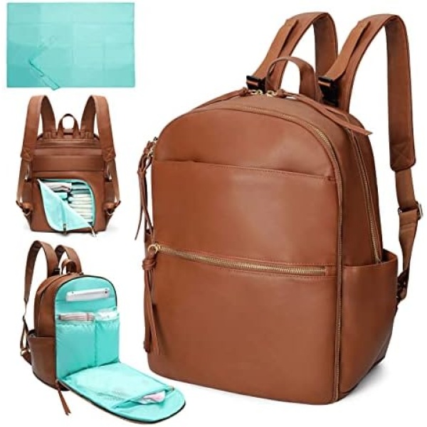 MOMINSIDE Diaper Bag Backpack, Leather Baby Bag with 6 Insulated Pockets, 18 Pockets Travel Backpack Mommy Bag, Changing Pad, Stroller Straps, Wet bag, Large Capacity for Mom Dad (Brown)