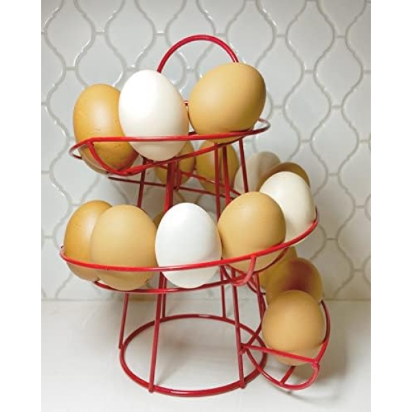 Ma Poule Express Red SMALL Egg Rack, Spiral Egg Holder, Kitchen Metal Egg Skelter Storage Display Rack, Fresh Egg Holder Countertop, Spiral Design Metal Egg Skelter Dispenser Rack, Storage Display Rack, Egg Dispenser Rack