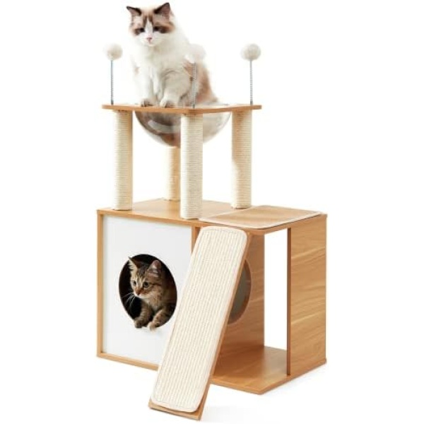 Made4Pets Cat Tree for Indoor Cats, Modern Cat Tower Tall for Large Cats Kitten, Wood Kitty Condo Climbing Furniture Heavy Duty, Vesper Cute Castle with Scratching Post and Ramp