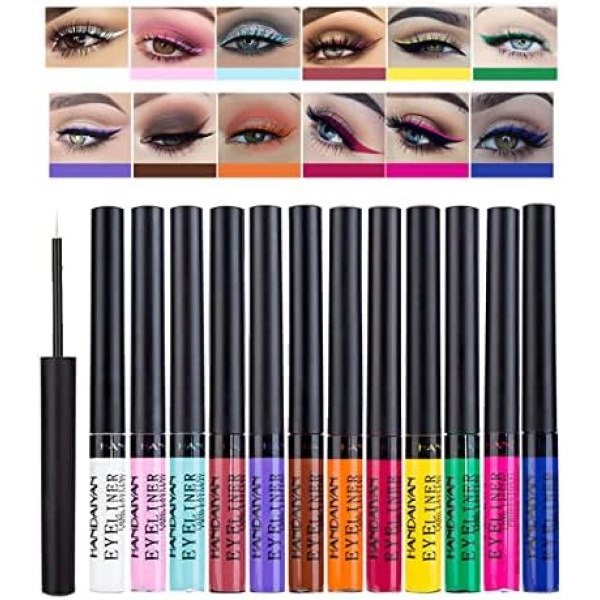 Matte Liquid Eyeliner Set,12 Colours Coloured Eyeliners, Highly Pigmented Smudge-proof Colourful Eye Liners Long Lasting Waterproof Liquid Eyeliner Pen Face Lips Art Makeup # A