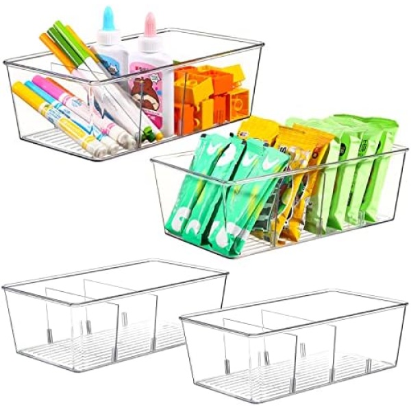 MeCids Food Storage Organizer Bins, 4 Pack Clear Plastic Storage Bins for Pantry Kitchen Fridge Cabinet Organization with 3 Removable Dividers