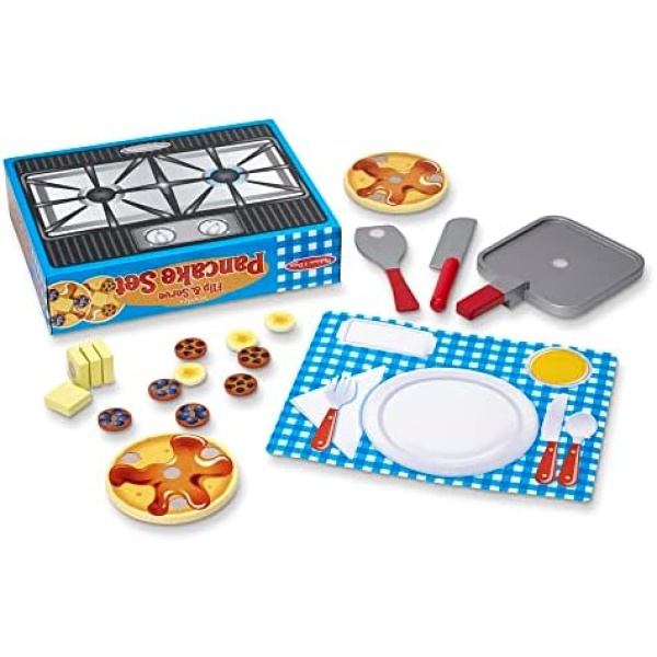 Melissa & Doug Flip and Serve Pancake Set (19 Pieces) - Wooden Breakfast Play Food