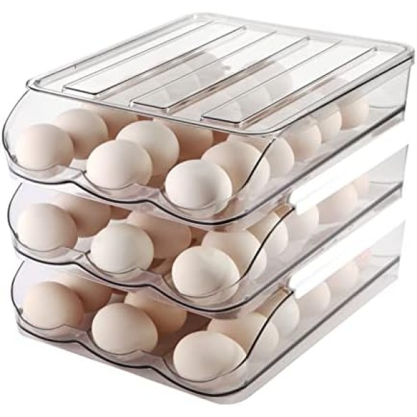 MesRosa Large Capacity Egg Holder,Automatically Rolling Egg Storage Container for Refrigerator,Egg Organizer for Fridge with Lid,Clear Plastic Egg Dispenser,Egg Tray & Box -3 Layer