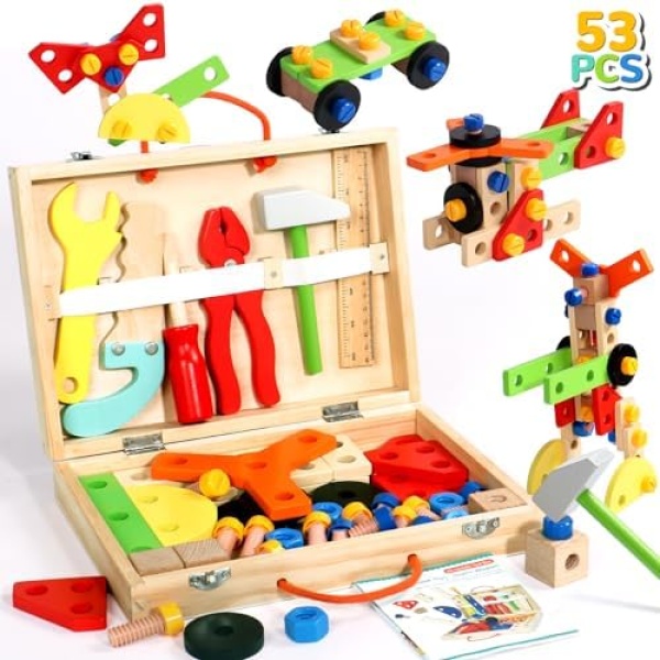 Montessori Kids Tool Set Construction Toys for 3 4 5 Year Old Boys Wooden Stem Toy Box Toddler Tool Set Pretend Play Fine Motor Skill Birthday Gift for 3-5 Year Old Girls Boys(Color Random)