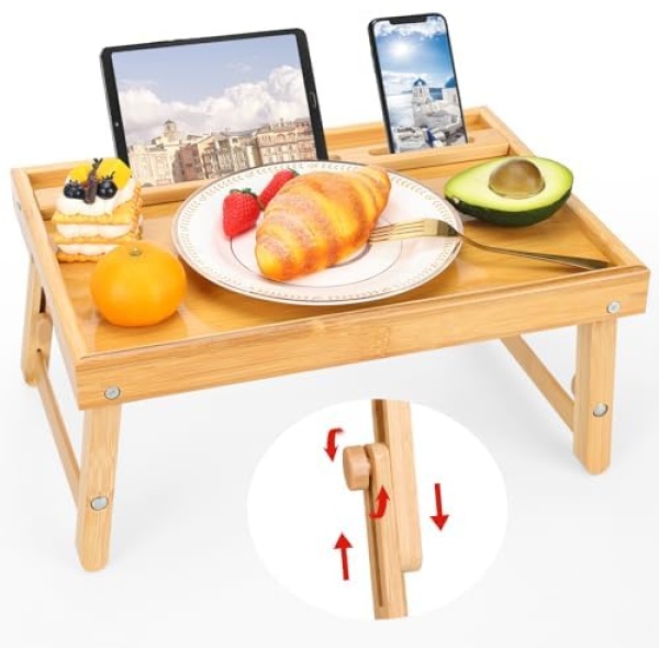 Moretoes Bed Tray Table for Eating, Bamboo Breakfast Food Tray with Adjustable Folding Legs and Phone Holders for Sofa Laptop Desk Snack Tray