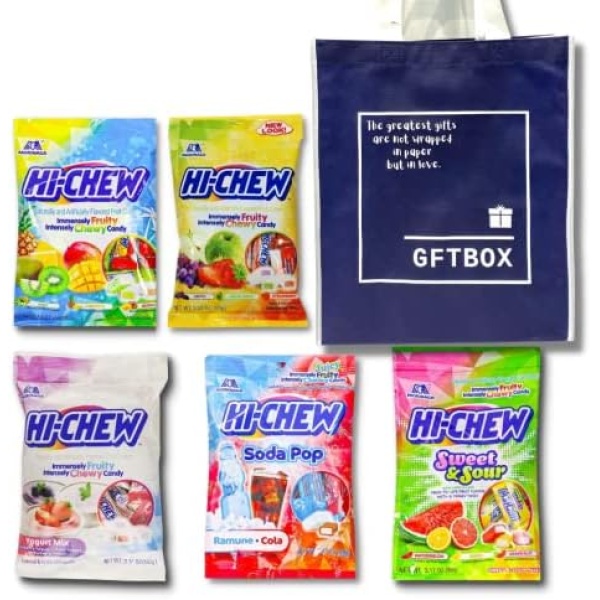 Morinaga Hi-Chew Japanese Candy Snacks Yogurt Mix, Soda Pop, Original Mix, Tropical Mix and Sweet Sour 90g x 5bags Value Pack, Individually Wrapped Pieces Bonus Grocery Bag