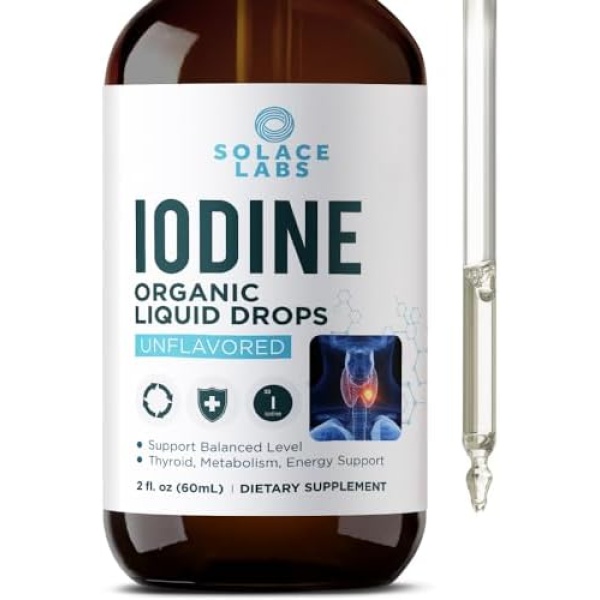 Organic Nascent Iodine Drops by Solace | Iodine Supplement for Thyroid Support | 1 Year Supply | USDA Organic | Potassium Iodine | Vegan (2 oz (60mL))