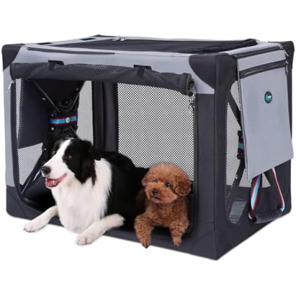 Ownpets Portable Pet Crate, Collapsible Soft Pet Travel Kennel with Strong Steel Frame & 3 Mesh Windows for Large Dogs, with Double-Sided Mat, Used for Indoor & Outdoor, Vet Visits, Travels, XL