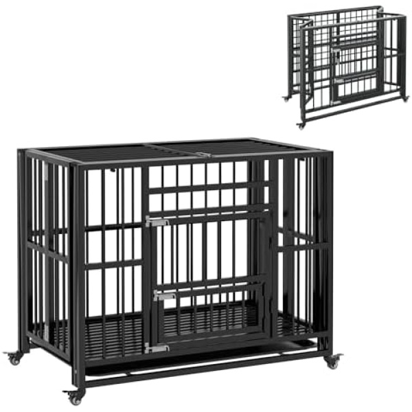 PawHut 37" Heavy Duty Dog Crate, Foldable Dog Cage on Wheels with Double Locks, Removable Tray, Openable Top, Double Doors, Indoor Outdoor Use, for Small and Medium Dogs - Black