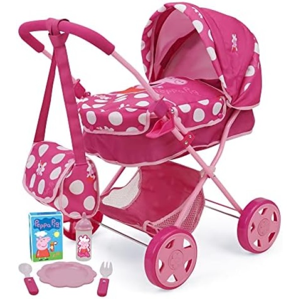 Peppa Pig: Baby Classic Doll Pram Set - Pink & White Dots - 7 Piece Set, Fits Dolls Up to 18", Retractable Canopy, Storage Basket, Diaper Bag & 5 Feeding Accessories, Pretend Play for Kids Ages 3+