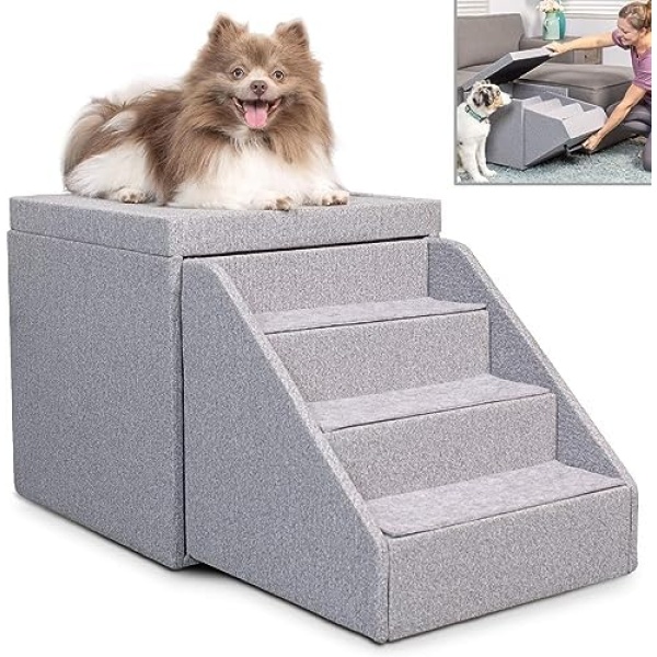 PetFusion Multi-Purpose Pet Stairs, Foldaway Cat & Dog Steps. Ottoman & Dog Toy Basket & Storage, Great Dog & Cat Window Perch (18x18x18”) Perfect Pet Steps for Couch, Bed, or Window. 1 Year Warr