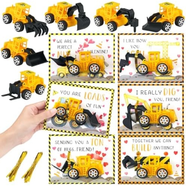 PullCrease 30 Set Valentines Day Construction Vehicle Valentines Day Cards Set 30 Construction Truck Toys 30 Valentine's School Classroom Exchange Greeting Cards for Construction Party Favors Gifts