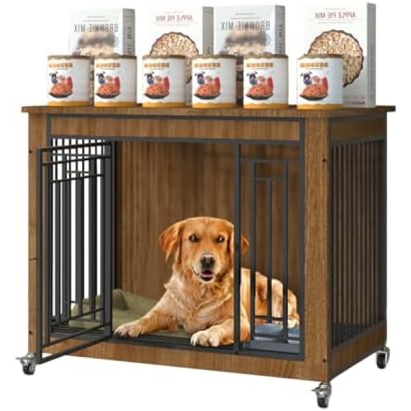 RHSTAO Wooden Dog Crate Furniture - Side End Table Dog Crate for Dogs, Heavy Duty Dog Crate with Lockable Wheels & Removable Tray, Indoor Furniture Style Decorative Pet House Dog Kennel Cage