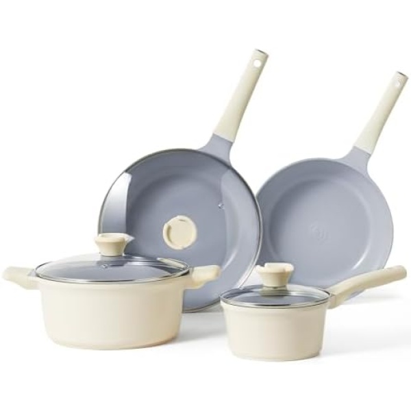 Redchef Ceramic Pots and Pans Set Non Stick, PFAS PFOA & PTFE Free, Cookware Set 7 Piece, Healthy Ceramic Pots and Pans Set Non Stick, Non Toxic Pots and Pans Set Non Stick, Pots and Pans Set (Cream)