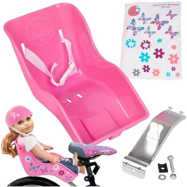 Ride Along Dolly Doll Bike Seat with Decorate Yourself Decals (Fits American Girl and Standard Sized Dolls and Stuffed Animals) Pink