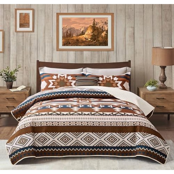 Rustic Southwestern Quilt Set Western Aztec Native American Tribal Navajo Bedspread Quilt Set 3 Piece Beige Taupe Brown Blue Bedding Comforter Sets, Queen Size (90" x 96", 1 Quilt + 2 Pillow Shams)