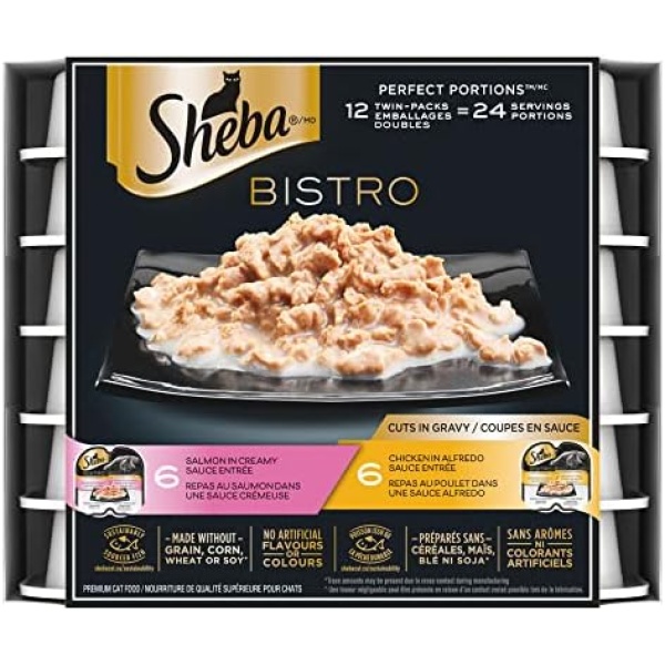 SHEBA Bistro Perfect PORTIONS Cat Food Wet Adult, Cuts in Gravy Chicken in Alfredo Sauce and Salmon in Creamy Sauce Entrée Variety Pack, (12) 75g Trays