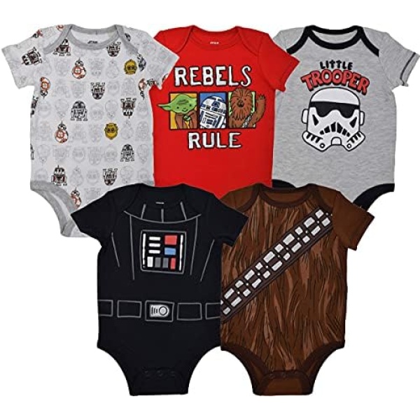 STAR WARS Chewbacca C-3PO R2-D2 Darth Vader Yoda 5 Pack Short Sleeve Bodysuits Newborn to Infant