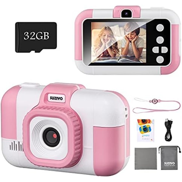 SUZIYO Kids Camera, Children Digital Selfie Video Camcorder 1080P Dual Lens 2.4 Inch HD, Birthday Christmas Electronic Gifts Toys for Age 3-9 Years Old Toddlers Girls & Boys (with 32G TF Card,Pink)