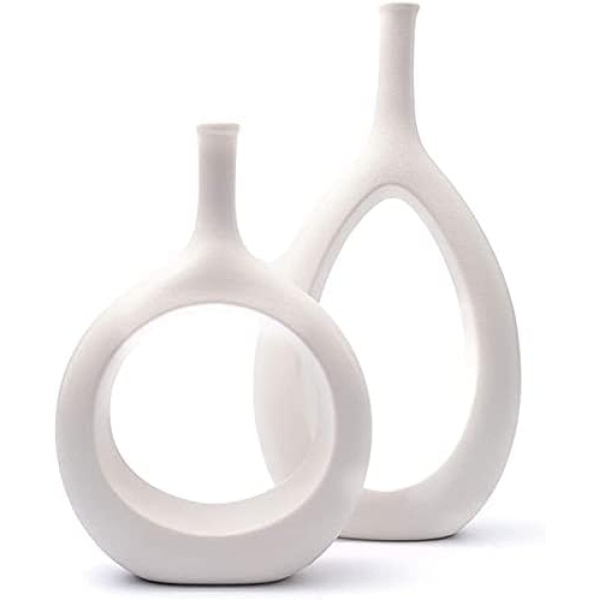 Samawi Modern Ceramic Vase Set of 2 for Flowers Decor Centrepieces|Modern/Geometric Vase/Peephole Vase/for Living Room/Bedroom/Dining Table (White, Set of 2)