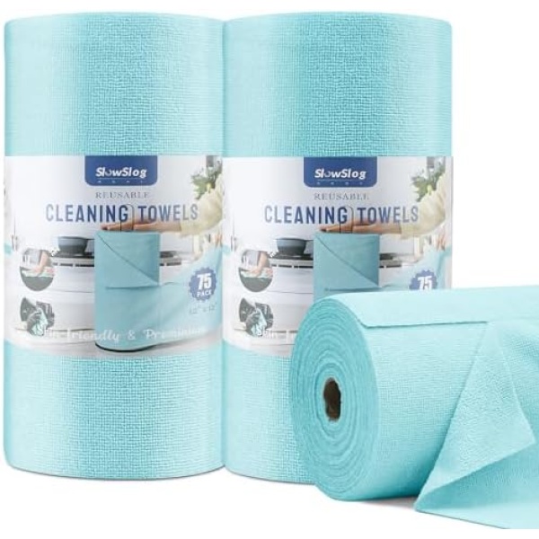 Slow Slog 2-Roll Set Reusable Microfiber Towels Roll, 150 Pack 30X30 cm Microfiber Cleaning Cloth, Cleaning Rags, Tear Away Microfiber Towels for Cars, House Washable, Garage, Kitchen Blue…