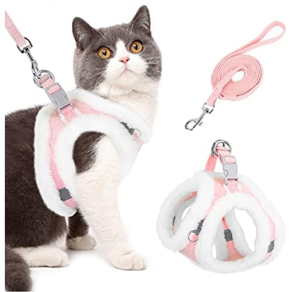 SlowTon Cat Harness and Leash Set, Plush Edge Escape Proof Adjustable Cat Vest Harness for Walking, Easy Control Pet Harness with Reflective Strap for Cat, Kitten, Puppy(Pink,XS)