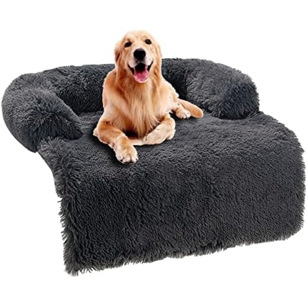 Soft Plush Dog Mat Sofa - OKSTENCK Calming Dog Bed Ultra Soft Fur Pet Beds Soft Washable Pad Blanket Cushion Furniture Cover Protector Pet Bed for Dogs and Cats, Large, Dark Grey