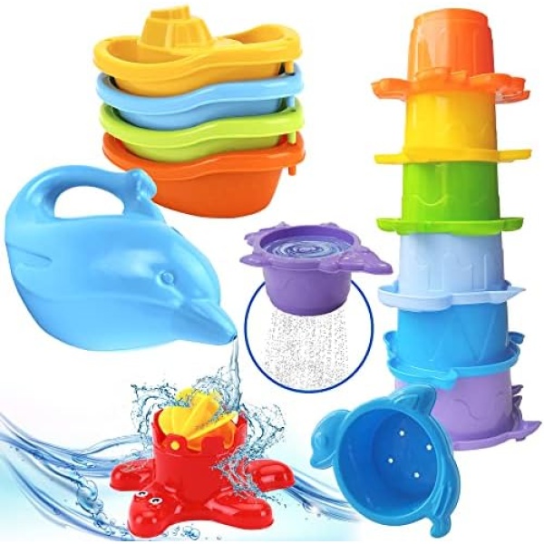 TECHNOK Baby Bath Toys for Toddlers - 12 pcs Rainbow Stacking Cups Baby Toy with Bath Boats Train and Toddler Watering Can - Stackable Plastic Bath Toys - Sea Animal Shapes Bath Toy for Girls and Boys