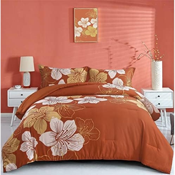 Terracotta Floral Comforter Set King - Soft Comforter Reversible Botanical Bedding Sets - Burnt Orange Bed Set Lightweight Boho Bed Comforter Set for Women Adults Teens (1 Comforter, 2 Pillowcases)