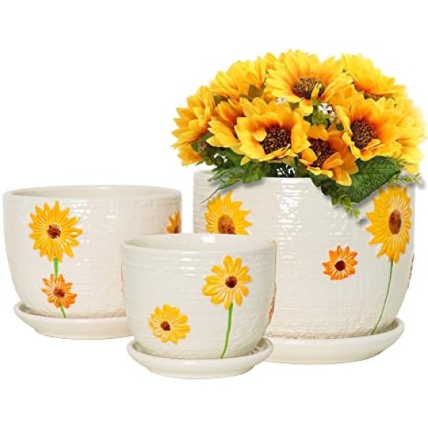 Ton Sin Plant Pots,Set of 3 Ceramic Flower Pots for Indoor Plants,4+5+6 inch Planter with Drainage Hole Saucer,Garden Pots Catus Planters (Sunflower Set of 3)