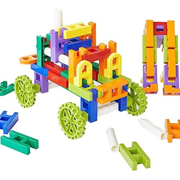 Tubular Spout Construction Building Blocks Toy Pipe, Fun Educational Building Construction Toys with Wheels, Parts and Storage Bag for Kids Boys Girls Ages 3+