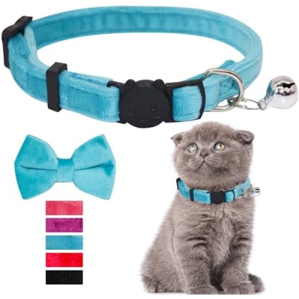 VAMOVISON Cat Collar with Bowtie Kitten Bell Safety Breakaway Solid Color Comfortable Velvet Party Wedding Adjustable Pet Collar for Boys Girls Cats Kittens and Puppies (19-30cm, Blue)