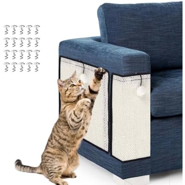 VOVA Large Cat Scratching Pad for Couch Protector, 2PCS Natural Sisal Furniture Sofa Protector, Cat Scratcher for Indoor Cat with Top Tease Toy Ball,Nail Installed Easy and Durable