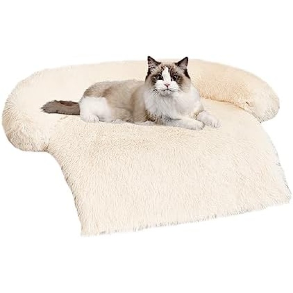 WELLYELO Small Calming Dog Bed Dog Sofa Couch Beds for Small Dogs and Cats Fluffy Plush Dog Mats for Furniture Protector with Washable Cover (30x26x5, White)