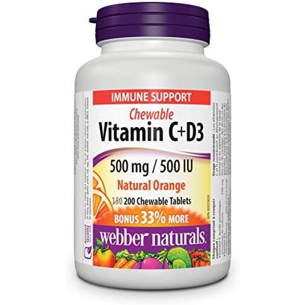 Webber Naturals Vitamin C with D3 Chewable, 500 mg of Vitamin C and 500 IU of Vitamin D Per Orange Flavour Tablet, 200 Tablets, Supports Immune Health