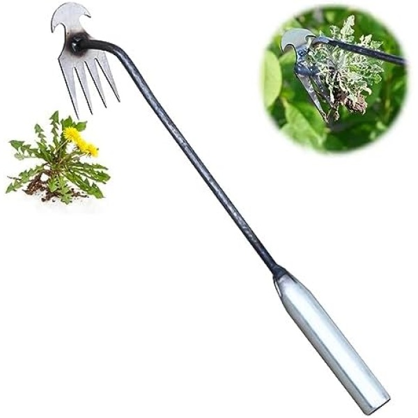 Weed Puller Tool, Dandelion Remover 4 Teeth Weeding Tool, Hand Weeder Tool, Gardening Weed Remover Tools Dual Purpose Small Hand Weeder Hoe with Handles for Lawn, Yard, Garden (A)