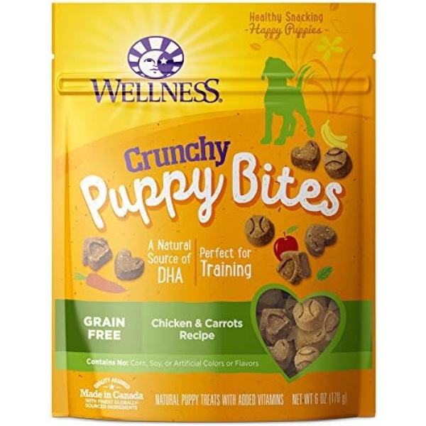 Wellness Crunchy Puppy Bites Natural Grain-Free Treats for Training, Dog Treats with Real Meat and DHA, No Artificial Flavors (Crunchy Chicken & Carrots, 6-Ounce Bag)