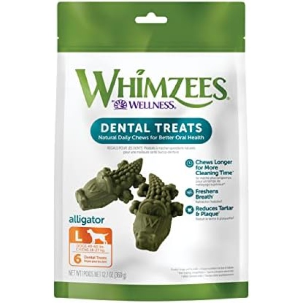 Whimzees Natural Grain Free Daily Dental Long Lasting Dog Treats, Alligator, Large, Bag of 6