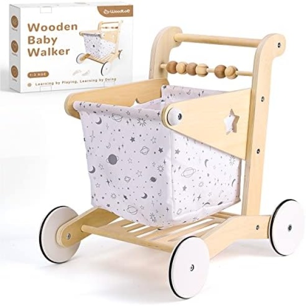 Woodtoe Wooden Baby Walker Doll Stroller | Adjustable Speed Pretend Play Grocery Shopping Cart for Toddlers 1-3 | Natural Wood Toys for Babies Learning to Walk | Birthday Gift for Boy Girl